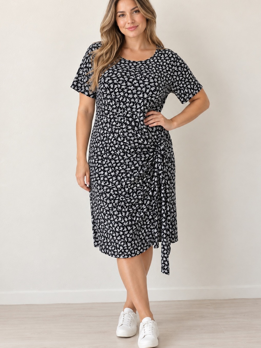 Michael Michael Kors fBlack White Floral Tie Detai Midi Dress 1X NWT Stretch
